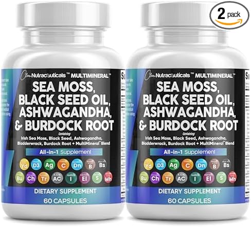 Clean Nutraceuticals Sea Moss Black Seed Oil Ashwagandha Turmeric Bladderwrack Burdock & Vitamin C Vitamin D3 with Elderberry Manuka Dandelion Yellow Dock Iodine Chlorophyll ACV - 2Pack