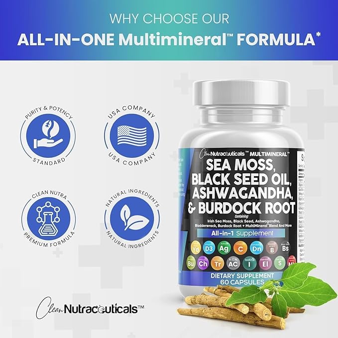 Clean Nutraceuticals Sea Moss Black Seed Oil Ashwagandha Turmeric Bladderwrack Burdock & Vitamin C Vitamin D3 with Elderberry Manuka Dandelion Yellow Dock Iodine Chlorophyll ACV - 2Pack