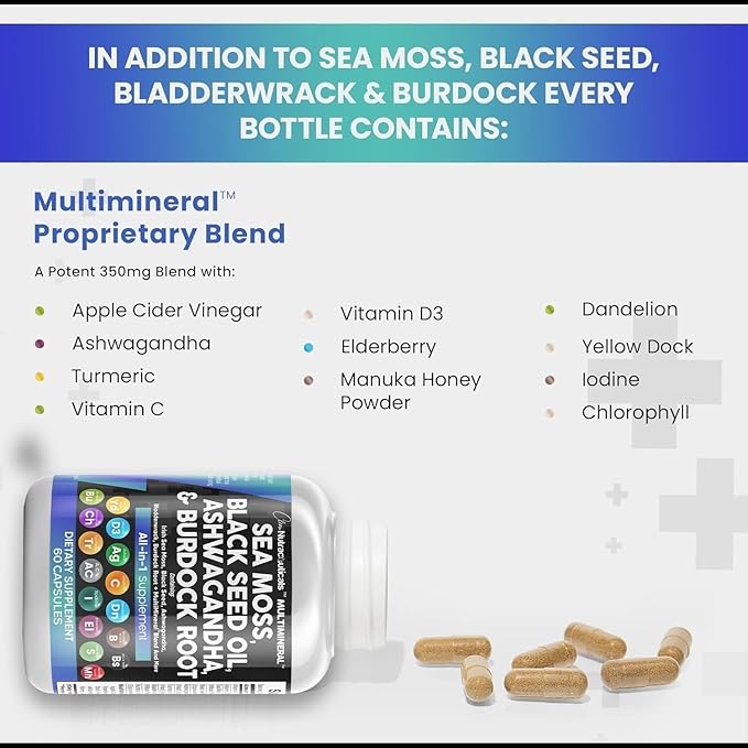 Clean Nutraceuticals Sea Moss Black Seed Oil Ashwagandha Turmeric Bladderwrack Burdock & Vitamin C Vitamin D3 with Elderberry Manuka Dandelion Yellow Dock Iodine Chlorophyll ACV - 2Pack