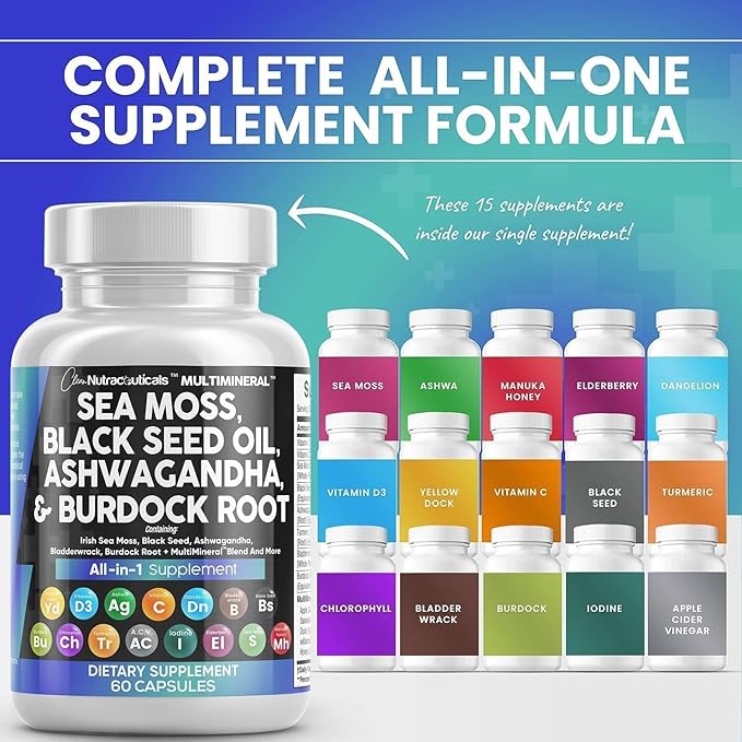 Clean Nutraceuticals Sea Moss Black Seed Oil Ashwagandha Turmeric Bladderwrack Burdock & Vitamin C Vitamin D3 with Elderberry Manuka Dandelion Yellow Dock Iodine Chlorophyll ACV - 2Pack